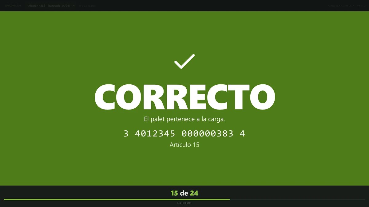Pantalla de verificación de carga en verde con el mensaje CORRECTO y el SSCC del palé leído