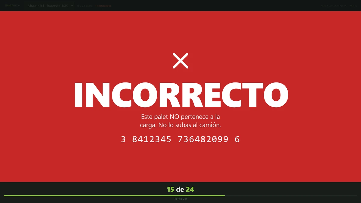 Pantalla del muelle en rojo con el mensaje INCORRECTO indicando que el palé no pertenece a la carga