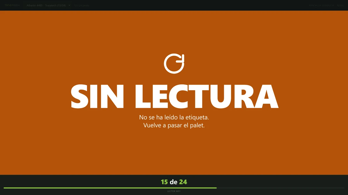 Pantalla de verificación de carga en naranja con el mensaje SIN LECTURA pidiendo volver a pasar el palé